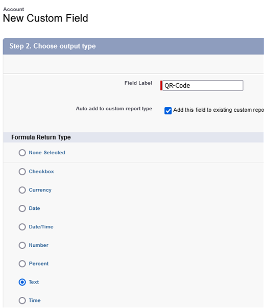 In the Field Label text box, create a name for the field, set the Formula Return Type to Text, and select Next.